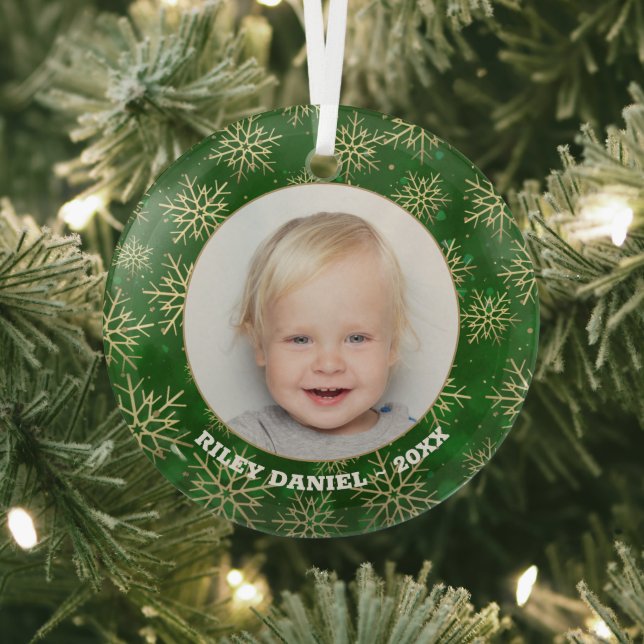 Snowflakes on Green Photo Glass Tree Decoration (Insitu)