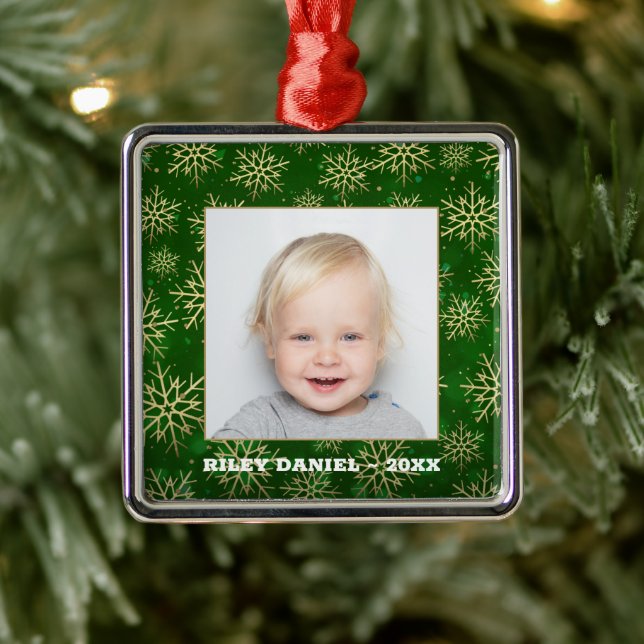 Snowflakes on Green Photo Metal Tree Decoration (Tree)