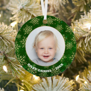 Snowflakes on Green Photo Metal Tree Decoration