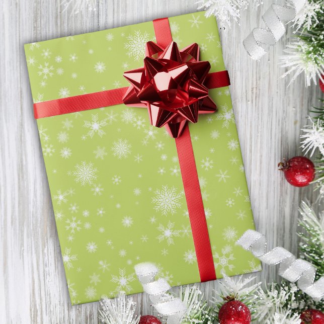Snowflakes on Green Retro Cute Whimsical Christmas Wrapping Paper (Creator Uploaded)
