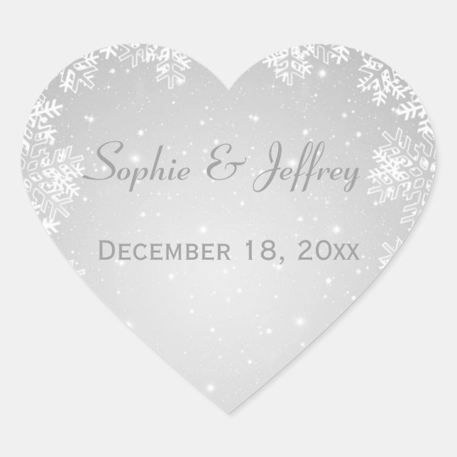 Snowflakes on grey Save the Date Wedding Heart Sticker (Front)