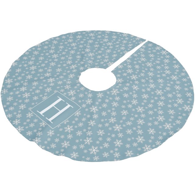Snowflakes on Powder Blue with Monogram Brushed Polyester Tree Skirt (Angled)
