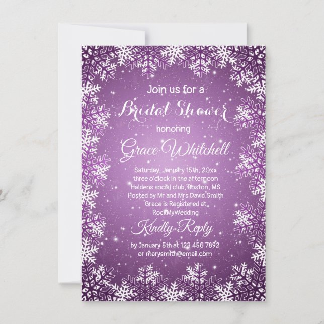 Snowflakes on purple Christmas Bridal SHower Invitation (Front)