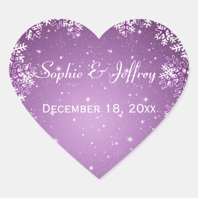 Snowflakes on purple Save the Date Wedding Heart Sticker (Front)