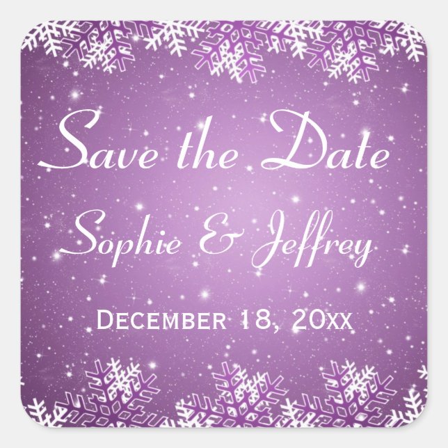 Snowflakes on purple Wedding Save the Date Square Sticker (Front)