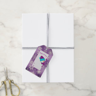 snowflakes on purple with snowman gift tags