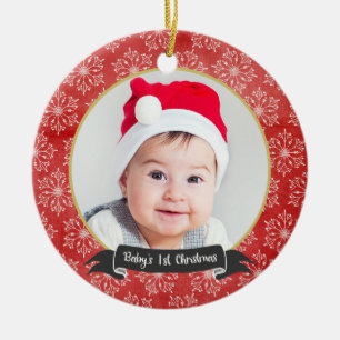 Snowflakes on Red 1st Christmas Photo Ornament