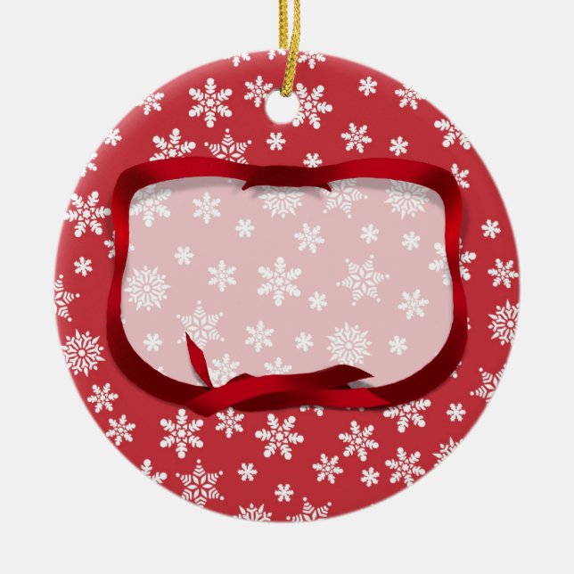 Snowflakes on Red Background Christmas Ceramic Tree Decoration (Front)