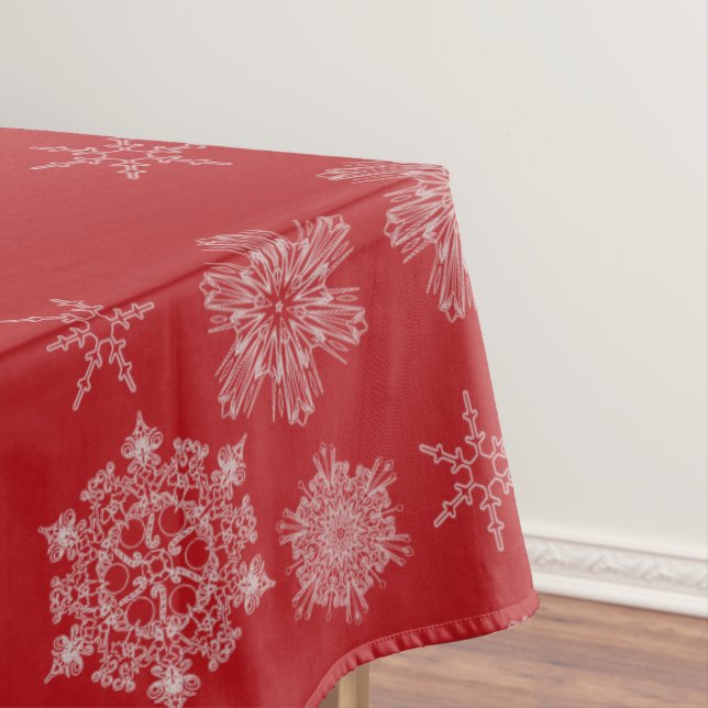 Snowflakes on Red Background Tablecloth (In Situ)