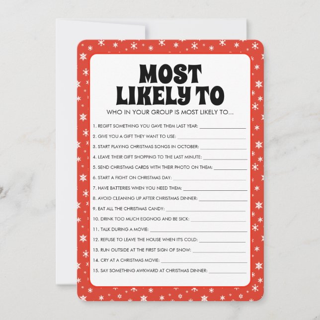 Snowflakes on Red Christmas Most Likely To Game Holiday Card (Front)