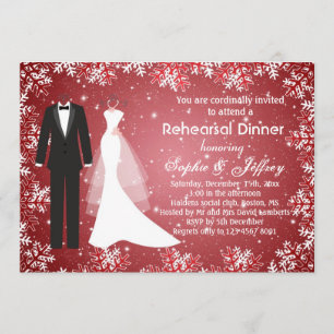 Snowflakes on red Christmas Rehearsal Dinner Invitation