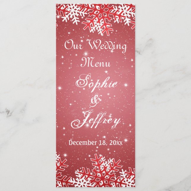 Snowflakes on red Christmas Wedding Menu (Front)