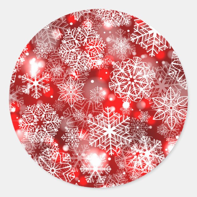 Snowflakes on red classic round sticker (Front)