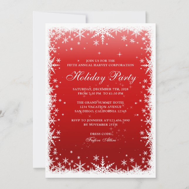 Snowflakes on Red Corporate Holiday Party Invitation (Front)