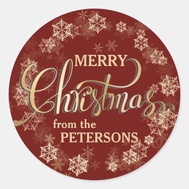 Snowflakes on Red Gold Letter Merry Christmas Classic Round Sticker (Front)