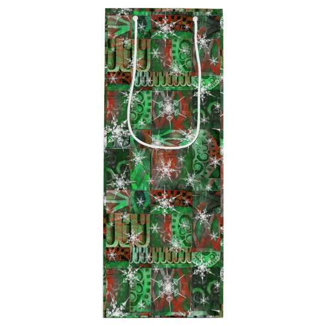 Snowflakes on Red Green Holiday Wine Bag (Front)