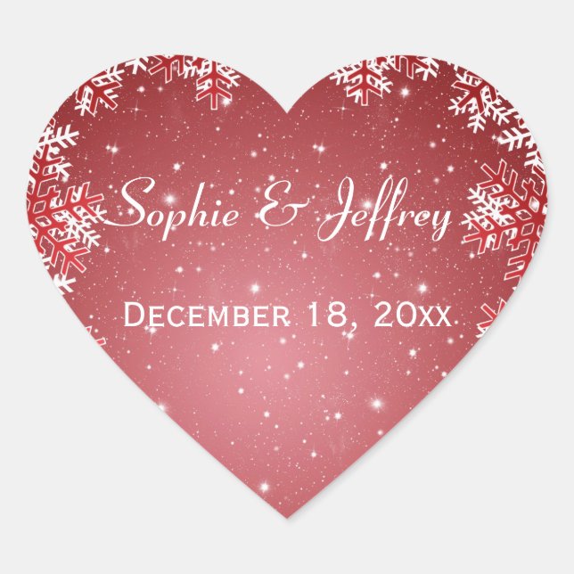 Snowflakes on red Save the Date Wedding Heart Sticker (Front)