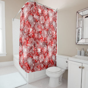 Snowflakes on red shower curtain
