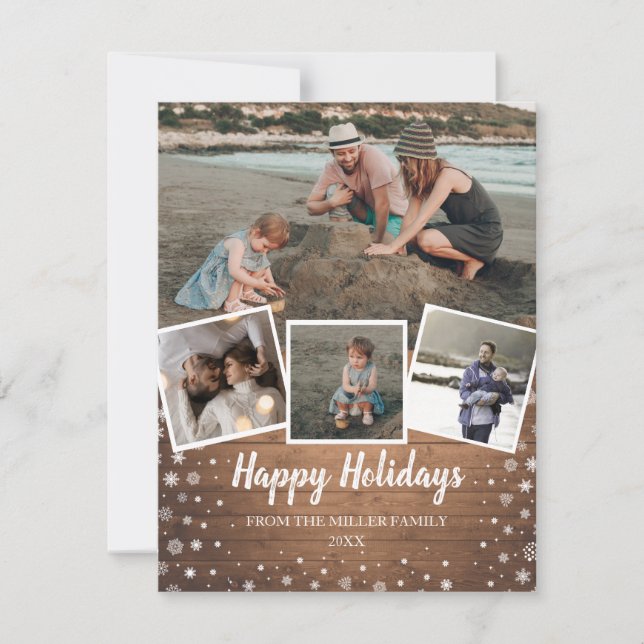 Snowflakes on Rustic wood multi photo collage Holiday Card (Front)