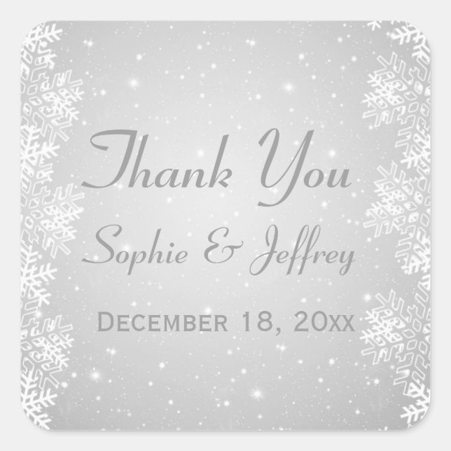 Snowflakes on silver grey Wedding Thank You Square Sticker (Front)