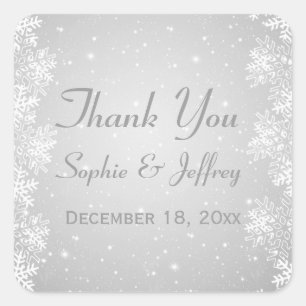 Snowflakes on silver grey Wedding Thank You Square Sticker