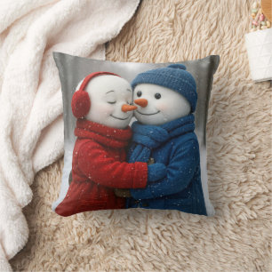Snowflakes on Snowman Couple in Winter Forest Cushion