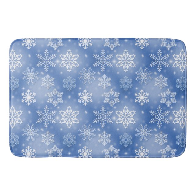 Snowflakes On Winter Blue Bath Mat (Front)