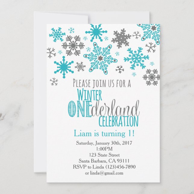 Snowflakes ONEderland Birthday Invitation-Aqua Invitation (Front)
