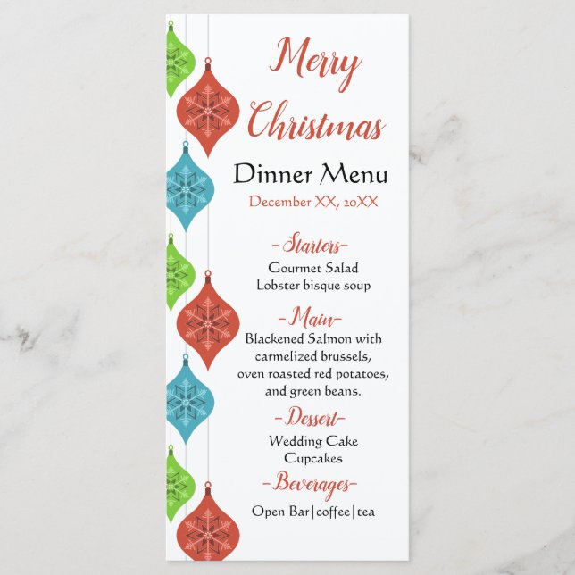 Snowflakes Ornaments Party Menu (Front)