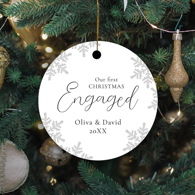 Snowflakes Our First Christmas Engaged Script Meta Metal Tree Decoration (Snowflakes Our First Christmas Engaged Script Meta Metal Ornament)
