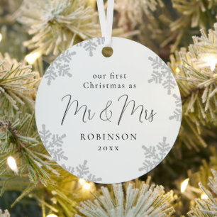 Snowflakes Our First Christmas Mr & Mrs Script Met Metal Tree Decoration