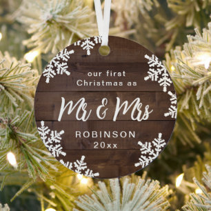 Snowflakes Our First Christmas Mr & Mrs Script Metal Tree Decoration