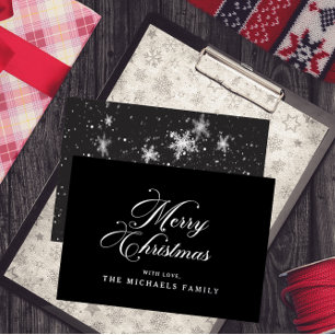 Snowflakes Over Charcoal Elegant Silver Script Foil Holiday Card