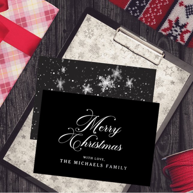 Snowflakes Over Charcoal Elegant Silver Script Foil Holiday Card (Creator Uploaded)
