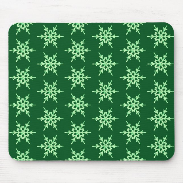 Snowflakes, pale green crystals on dark green mouse mat (Front)