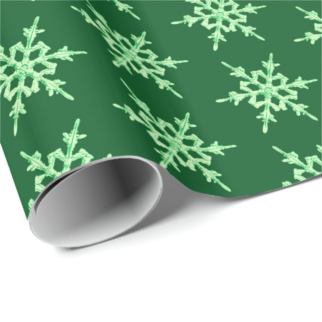 Snowflakes, pale green crystals on dark green wrapping paper (Roll Corner)