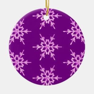 Snowflakes, pale orchid crystals on purple ceramic tree decoration