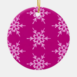 Snowflakes, pale pink crystals on magenta ceramic tree decoration