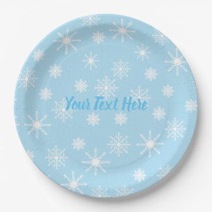 Snowflakes Party Paper Plates with Custom Text