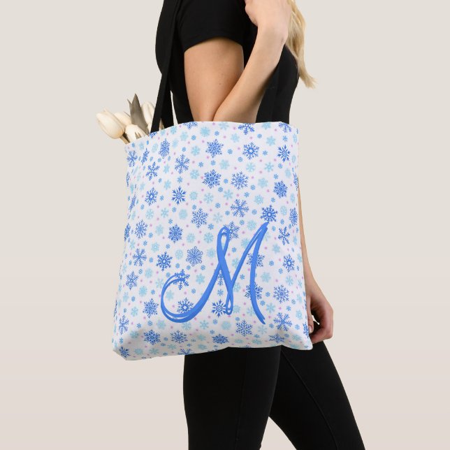 Snowflakes Pastel Baby Blue Modern Custom Monogram Tote Bag (Close Up)