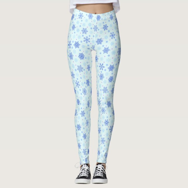 Snowflakes Pastel Blue Baby Blue Snow Elegant Chic Leggings (Front)