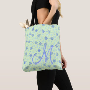 Snowflakes Pastel Green Modern Elegant Monogram Tote Bag