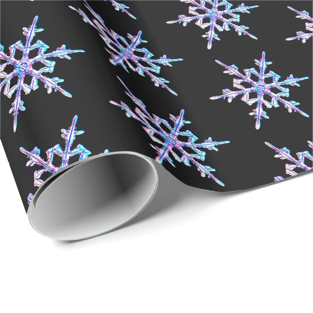 Snowflakes, pastel Iridescent crystal on black Wrapping Paper (Roll Corner)