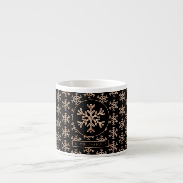 Snowflakes Pattern Black and Gold Christmas Espresso Cup (Front)