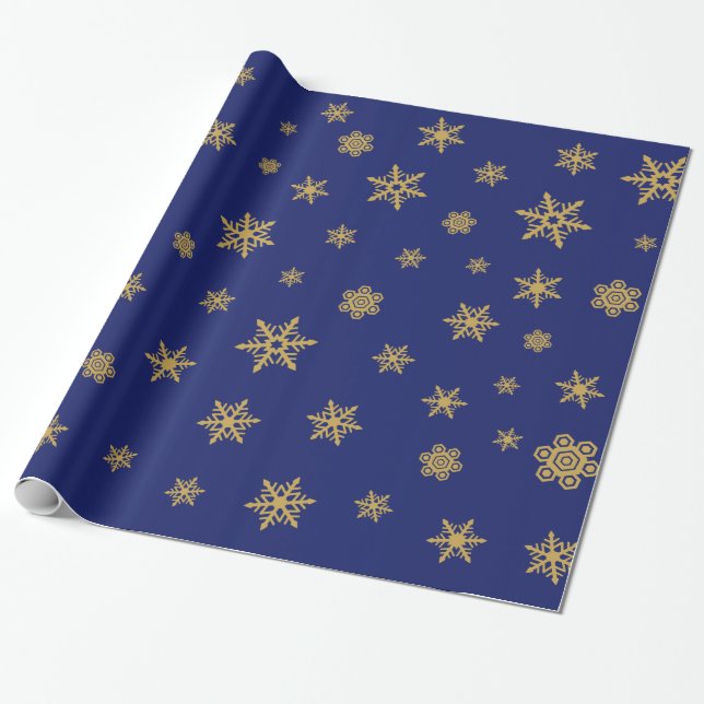 Snowflakes Pattern Gold on Blue Wrapping Paper (Unrolled)