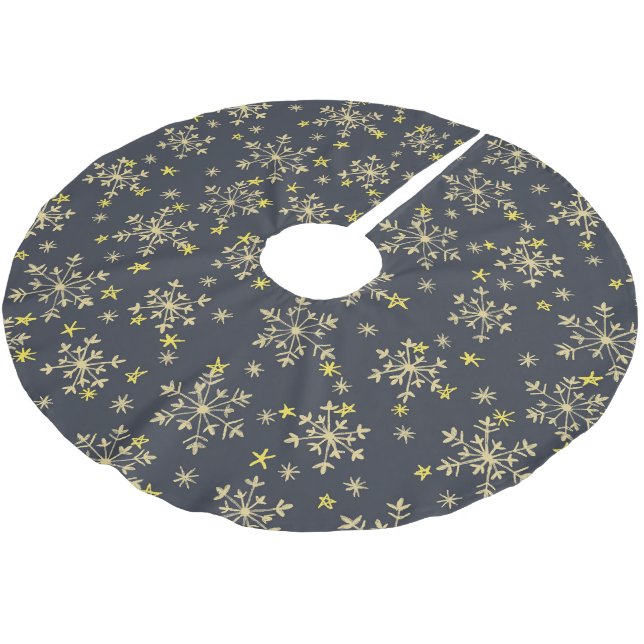 Snowflakes Pattern - Gold on Midnight Blue Brushed Brushed Polyester Tree Skirt (Angled)