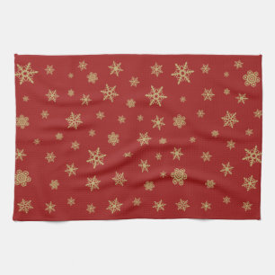 Snowflakes Pattern Gold on Red Tea Towel