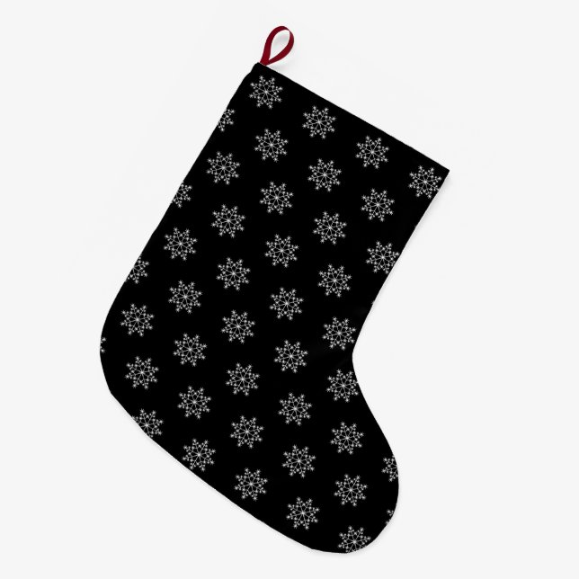 Snowflakes Pattern Holiday Black White Christmas Large Christmas Stocking (Front (Hanging))