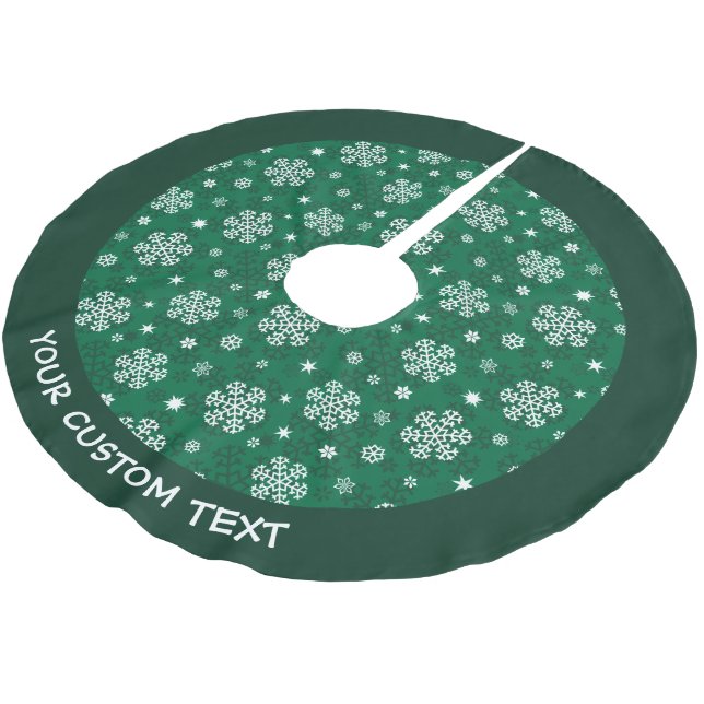 Snowflakes Pattern on Cadmium Green Brushed Polyester Tree Skirt (Angled)