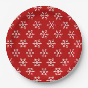 Snowflakes Pattern Red Christmas Paper Plate